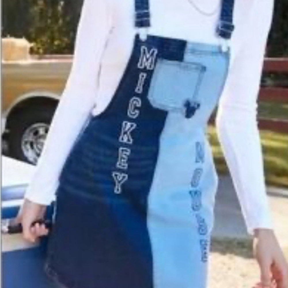 Her Universe Disney Parks Mickey Mouse Strech Denim Blue Overall Mini Dress SzXS - Picture 2 of 13